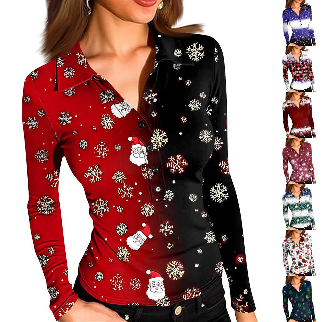 Damenmode Lässig Bedrucktes V-Ausschnitt Langarm Knopfleiste Oberteil