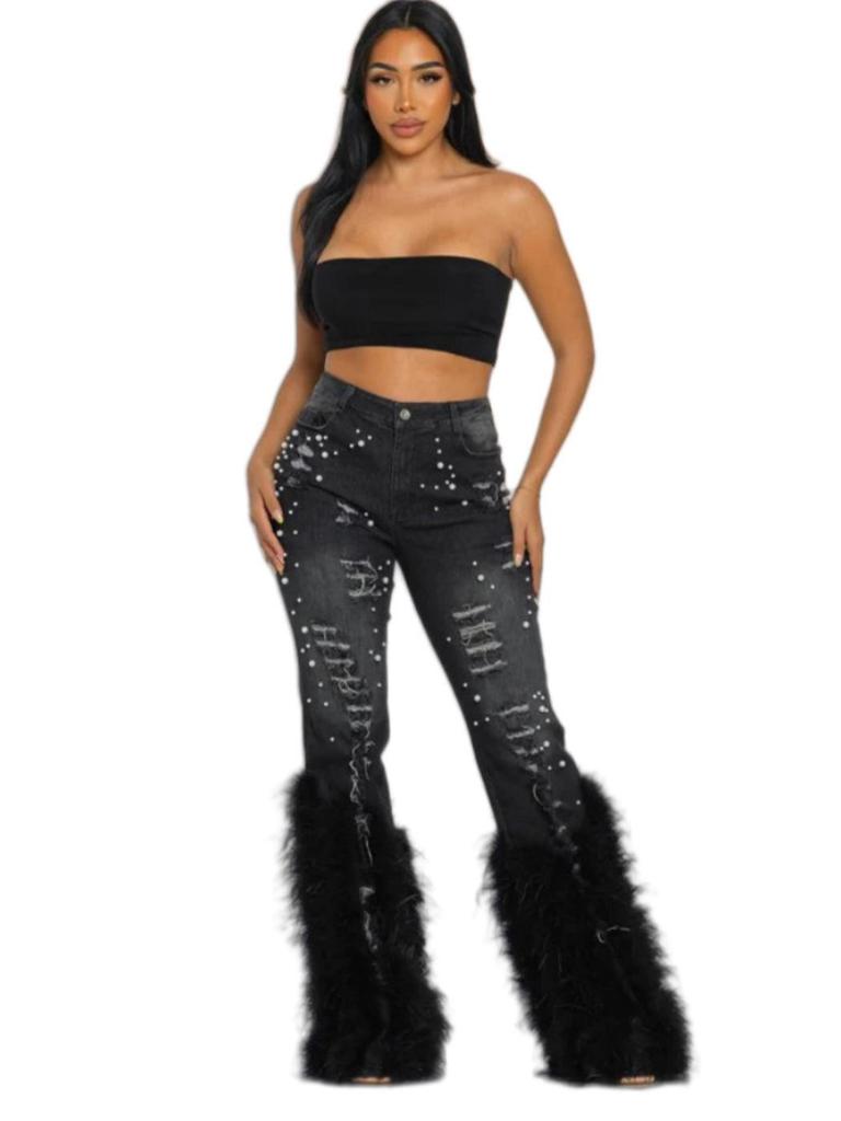 2024 Women's Versatile High-Waisted Distressed Pearl Feather Jeans - European and American Style