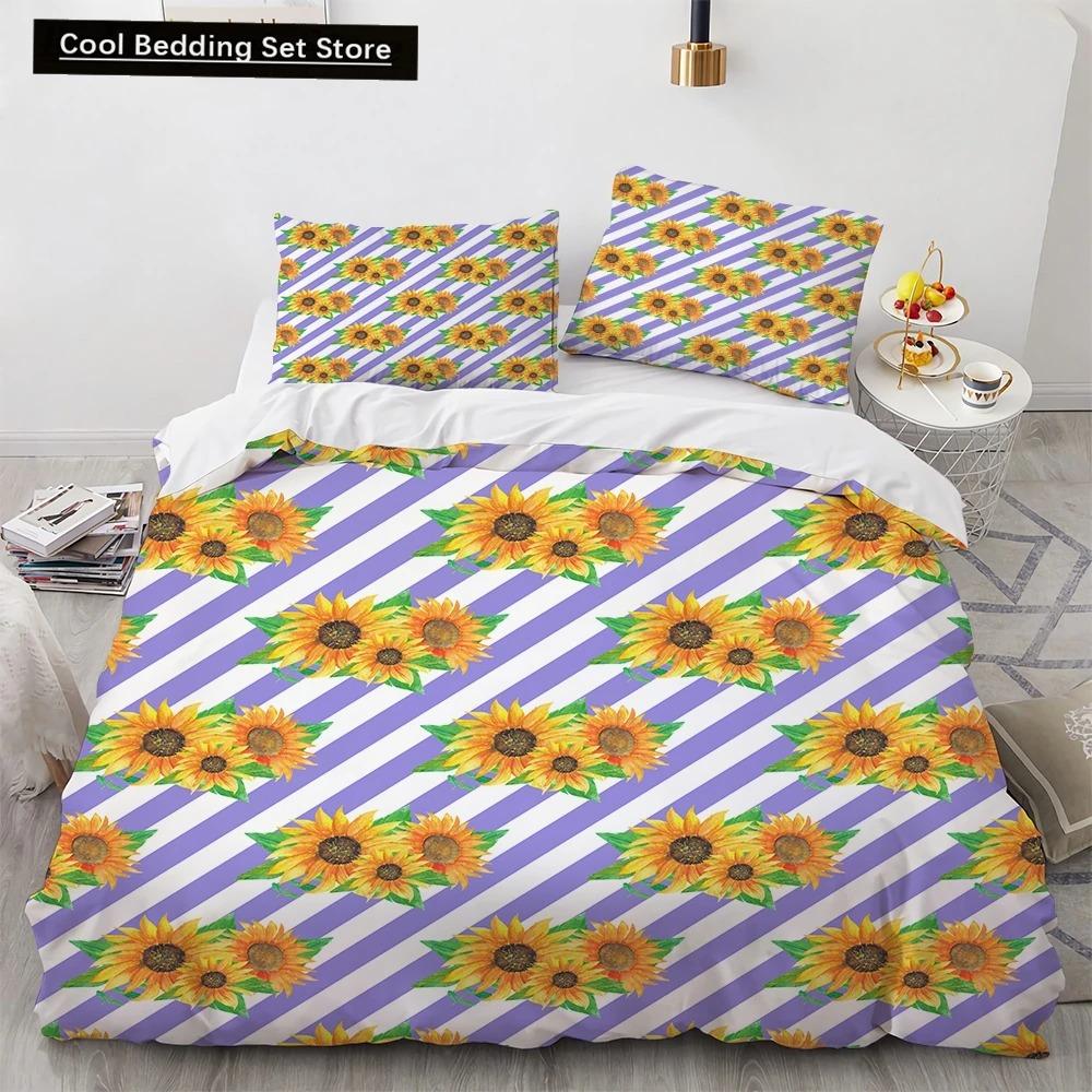 Sunflower King Queen Duvet Cover Striped Floral Bedding Set for Kids Teens Adults Colorful Flowers 23pcs Polyester Quilt Cover