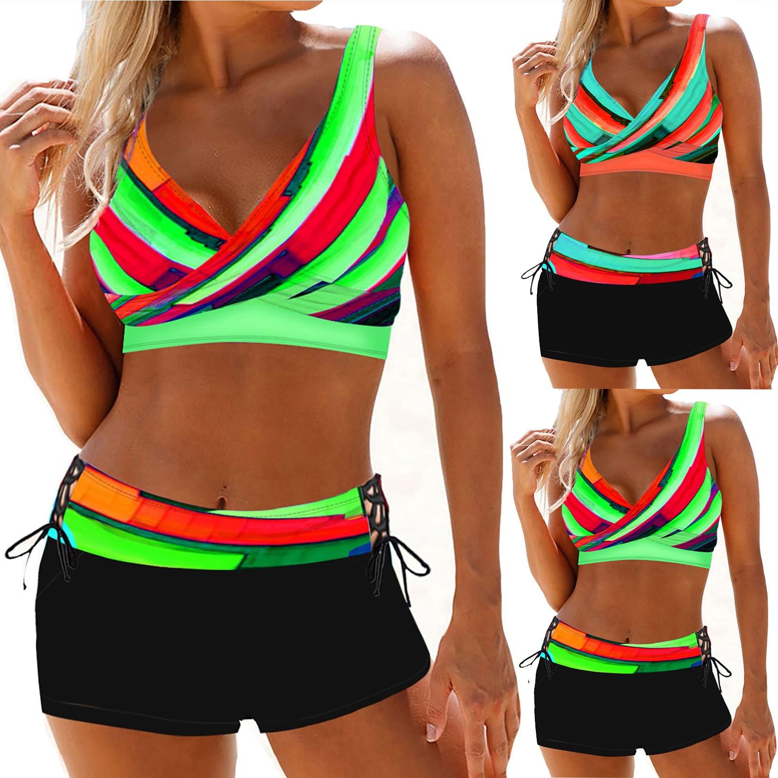 

Женский модный повседневный комплект бикини без рукавов с принтом в полоску и разрезом