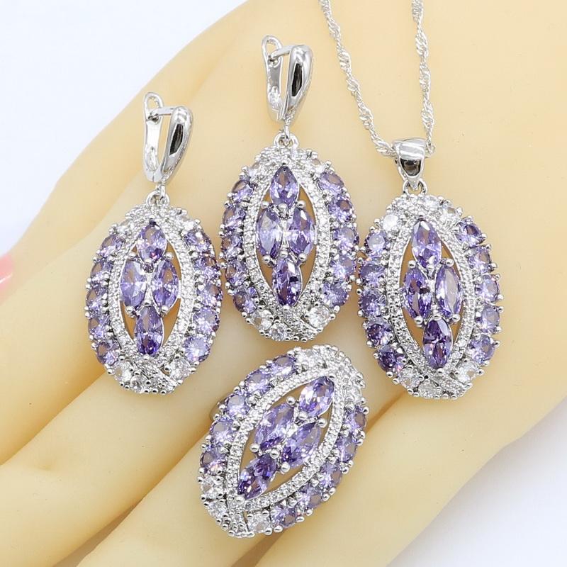 Geometrische Lila Zirkon Farb Schmucksets Für Frauen Armband Ohrringe Halskette Anhänger Ring Hochzeit Geburtstagsgeschenk