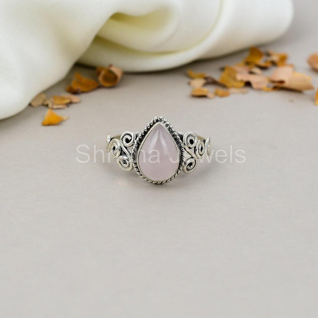 925 Sterling Silver Rose Quartz Gemstone Pear Shape Ring For Women