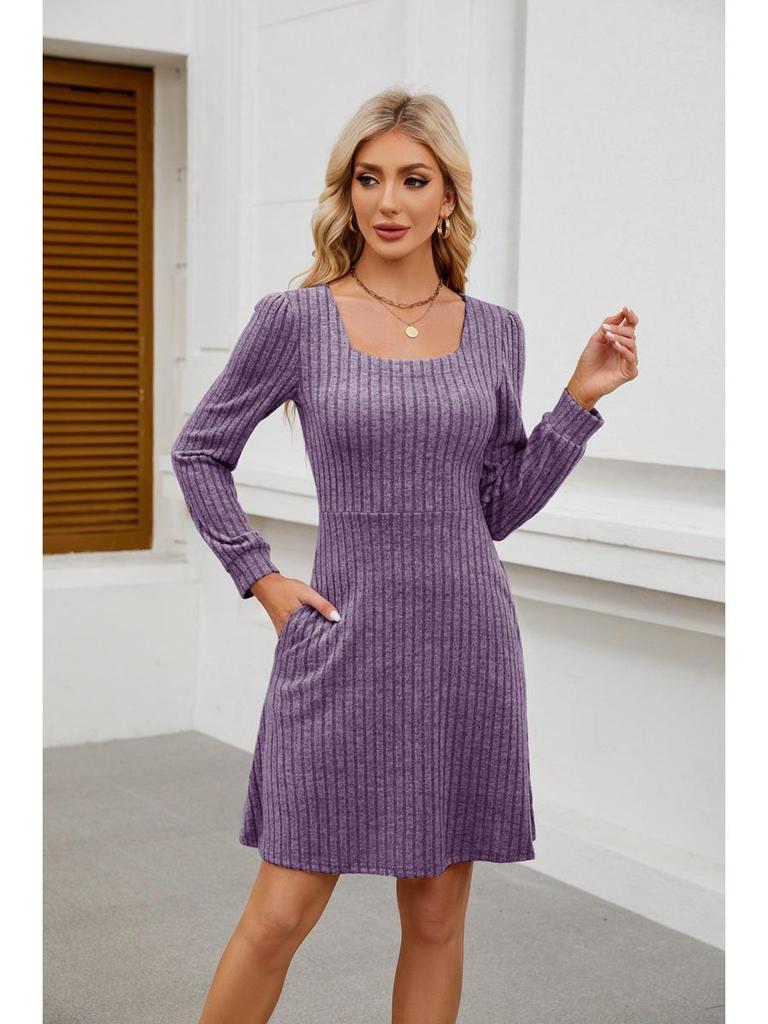 2025 Women's Square Neck Pocket Knit Sweater Dress - Long Sleeve Casual Fashion