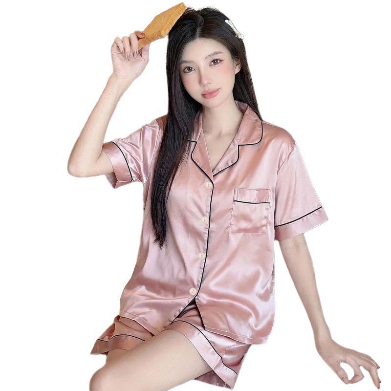 Sweet light luxury solid color simple ice silk satin pajamas women's casual loungewear short-sleeved suit can be worn outside