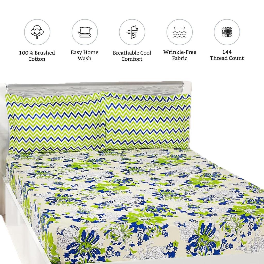 Floral Breeze 144 TC 100% Cotton Double Bedsheet with 2 Pillow Covers, Green , 144 - 200 tc