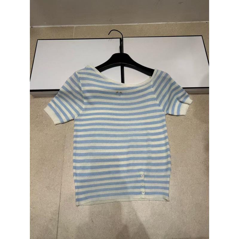 High-Quality Off-Shoulder Striped Knit Short-Sleeve Casual Top - 2026 Summer Collection