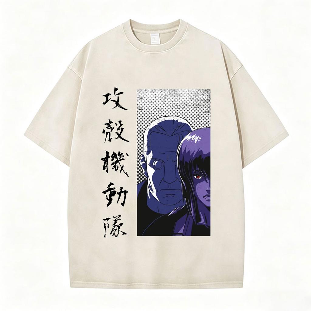 Anime Ghost In The Shell Motoko Kusanagi Vintage Washed T Shirts Men Women Clothing Casual Short Sleeve Oversized Tshirts Tops
