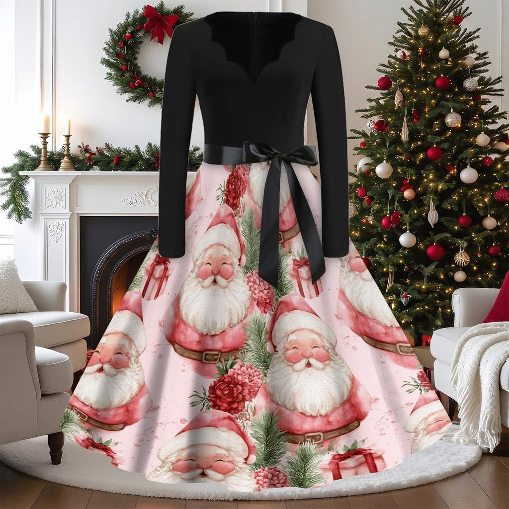 Women's Vintage V-Neck Long Sleeve Christmas Print Casual Dress