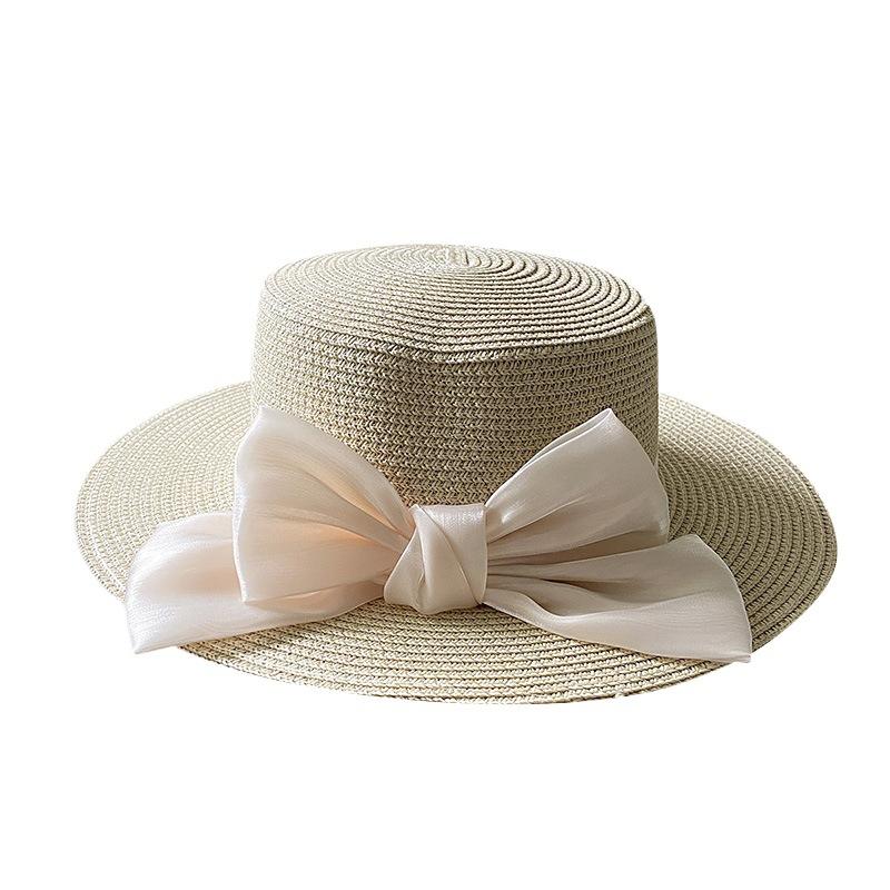 Hat Women's New Spring and Summer Straw Bow Straw Hat Versatile Flat Top Sunscreen Sun Hat Tide