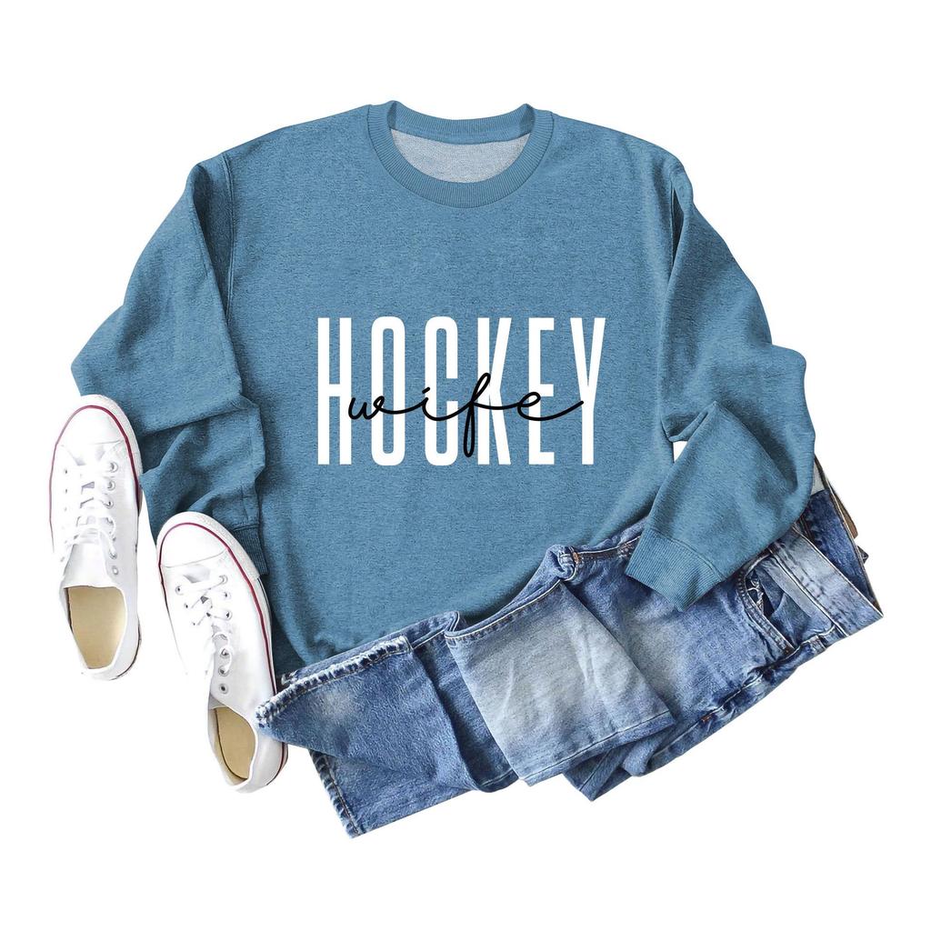 European & American Fashion Long Sleeve Loose Hoodie with 'Hockey Wife' Print for Women