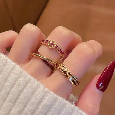 Französischer Vintage Ankara Roter Tropfen Emaille Offener Ring Damen Persönlichkeit Nische Premium Set