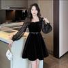 Autumn Black Velvet French Square Neck Dress: Waist-Cinching, Slimming A-line Hepburn Style with Long Sleeves