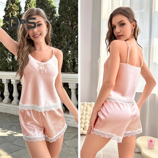 2 Teile/satz Damen Weste Shorts Anzug V-Ausschnitt Ärmelloses Oberteil mit Spitze hinten Hohe Taille Kurze Hose Homewear Loungewear Outfit Sommer Nachtwäsche