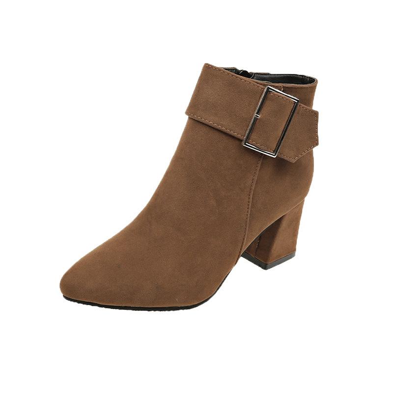 Suede Coarse Heel Martin Boots Women's Shoes Large Size Pointed Belt Buckle Coarse Heel Boots