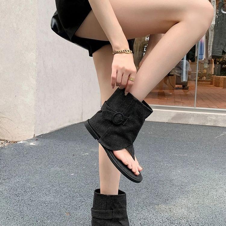 Height-increasing Retro Niche Denim Short Boots 2025 Summer New Flat Bottom Daily Versatile Toe Roman Cool Boots Women