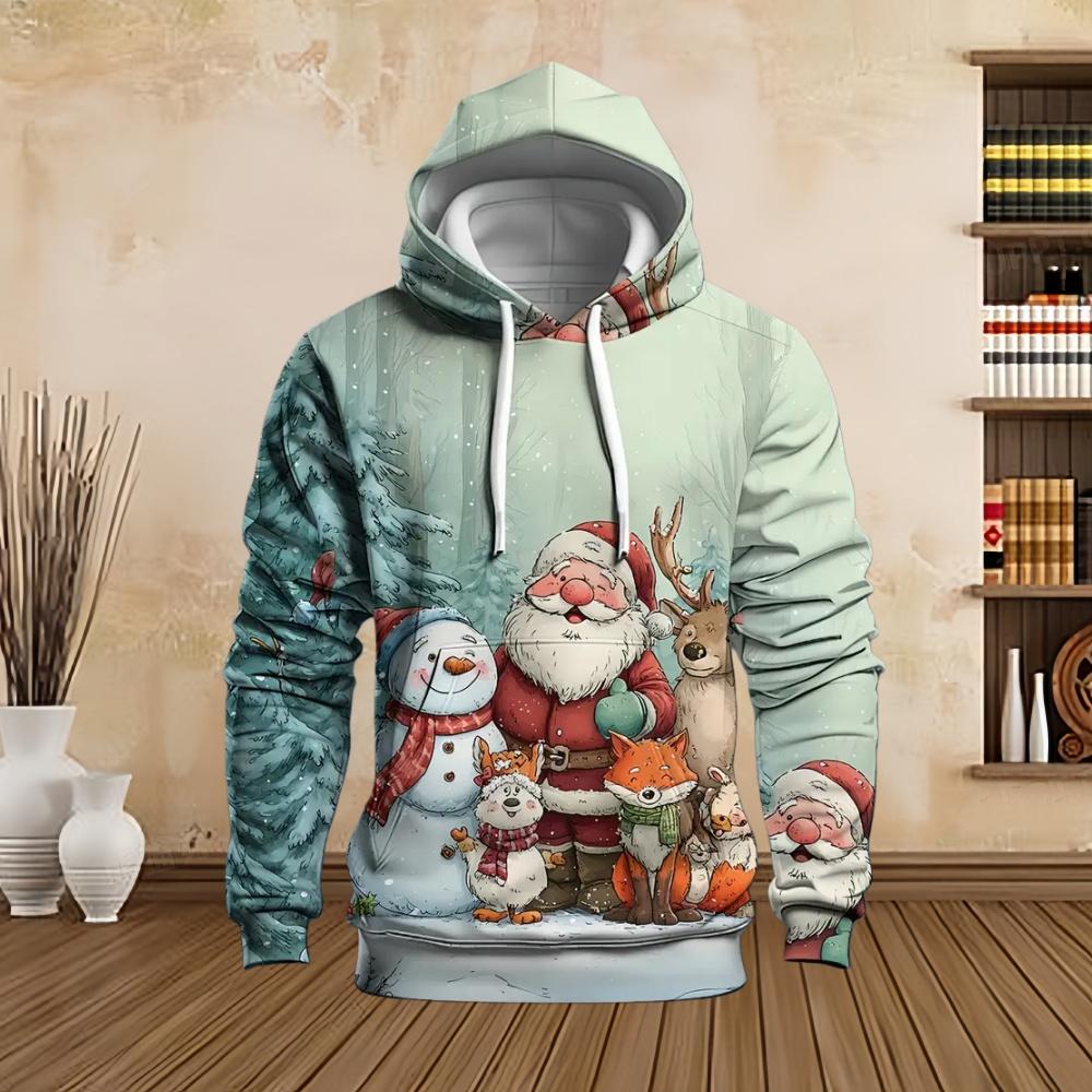 New in Sweatshirts Christmas Santa with Snowman Graphic Print Men's Cozy Drawstring Long Sleeve Pullover Sweatshirt Hoodie Tops
