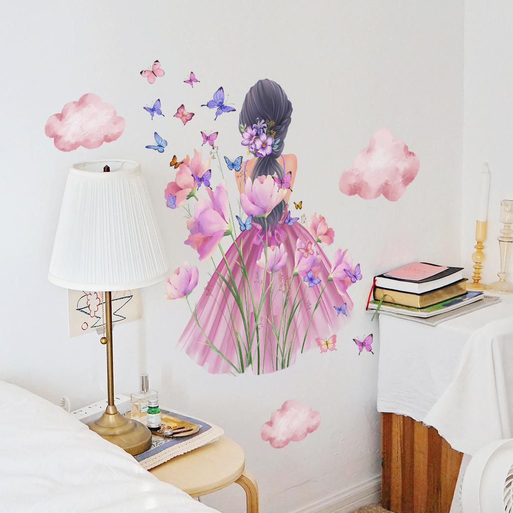 Mädchen Schmetterling Blume Wolken Selbstklebende Wandaufkleber für Zimmer Dekoration Schlafzimmer Aufkleber