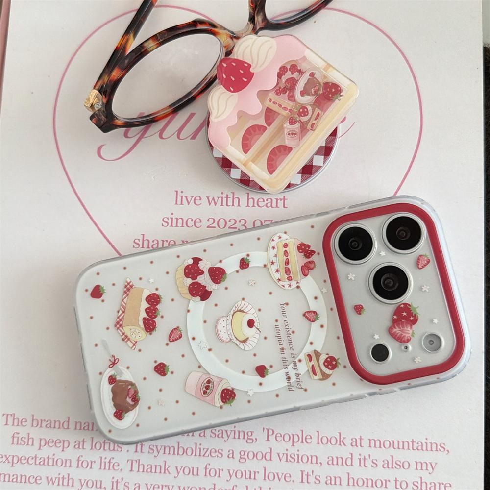 Cute Polka Dot Strawberry Magnetic Phone case for iPhone 17 Pro 13 14 15 16 Pro Max Fundas Cake Shake With Magsafe Cases For 17