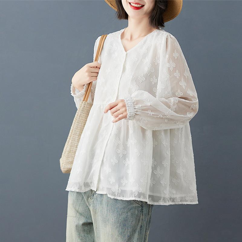2026 New Women s Fashion Elegant Embroidered V-neck Long Sleeve Lace Blouse Versatile Women s Top M бежевый