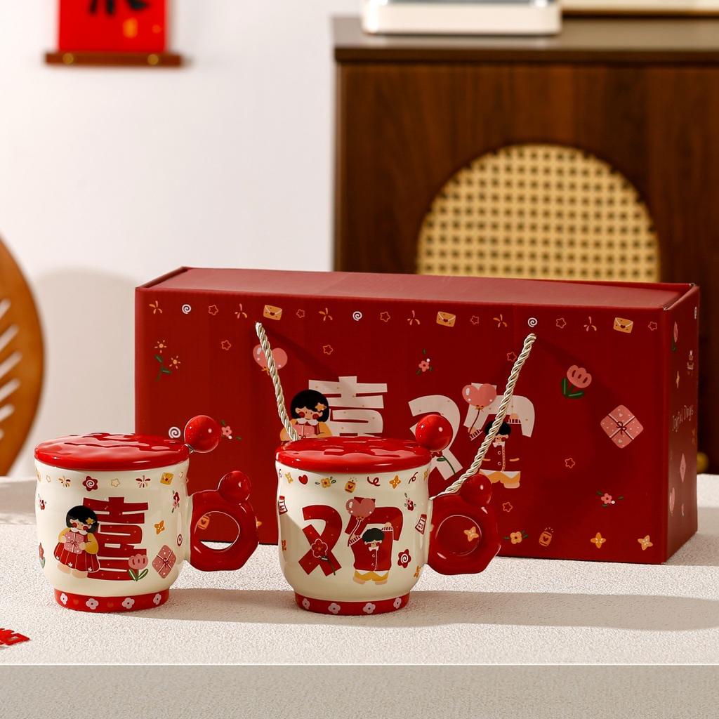 Wedding Gift Souvenir Mug Couple Pair Cup with Lid Spoon Ceramic Cup Set Gift Box Small Gift Water Cup