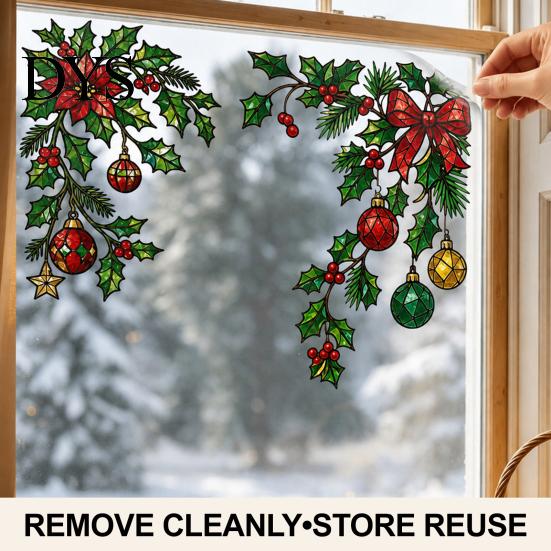 Electrostatic Window Film 2Pcs Christmas Static Clings, Corner Wreath No?Glue Glass Decals with Holly Reusable Sticker Xmas Balls Bow Poinsettia,