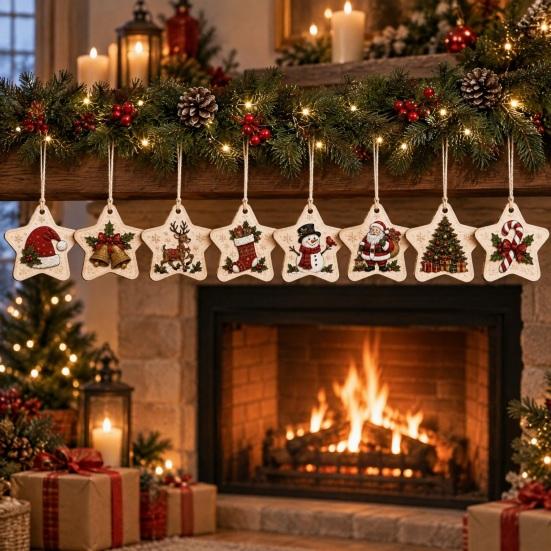 Handcrafted Home Pendant 8Pcs Wooden Christmas Tree Ornament Set, 2D Flat Rearview Mirror Exquisite Window Hanging Pendant, Nordic Minimalist