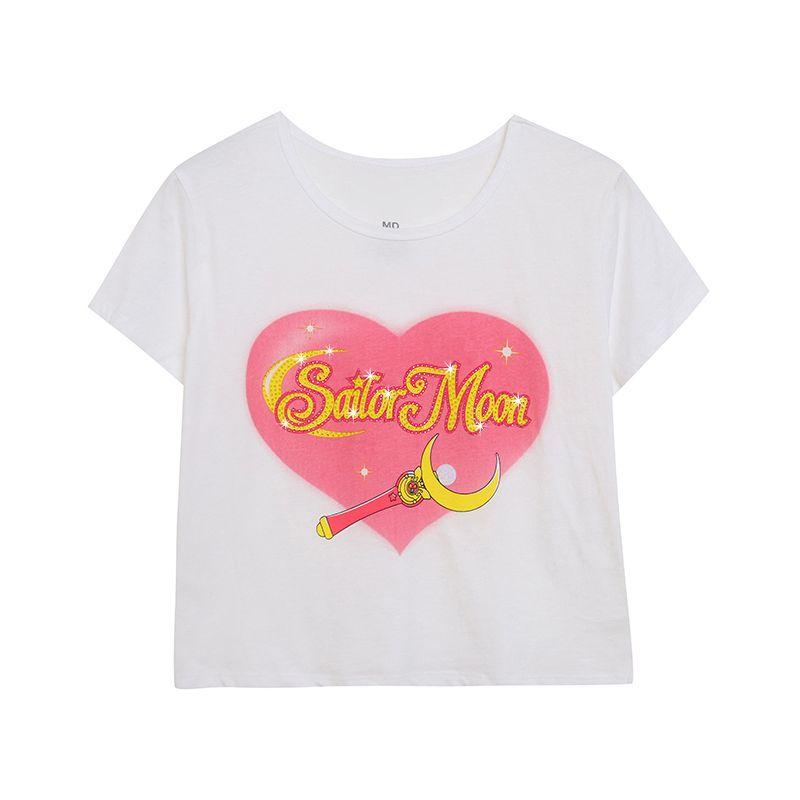 

Rhinestone Short Sleeve Threaded Figure Flattering Elastic Soft Cartoon Slight Flaw XL