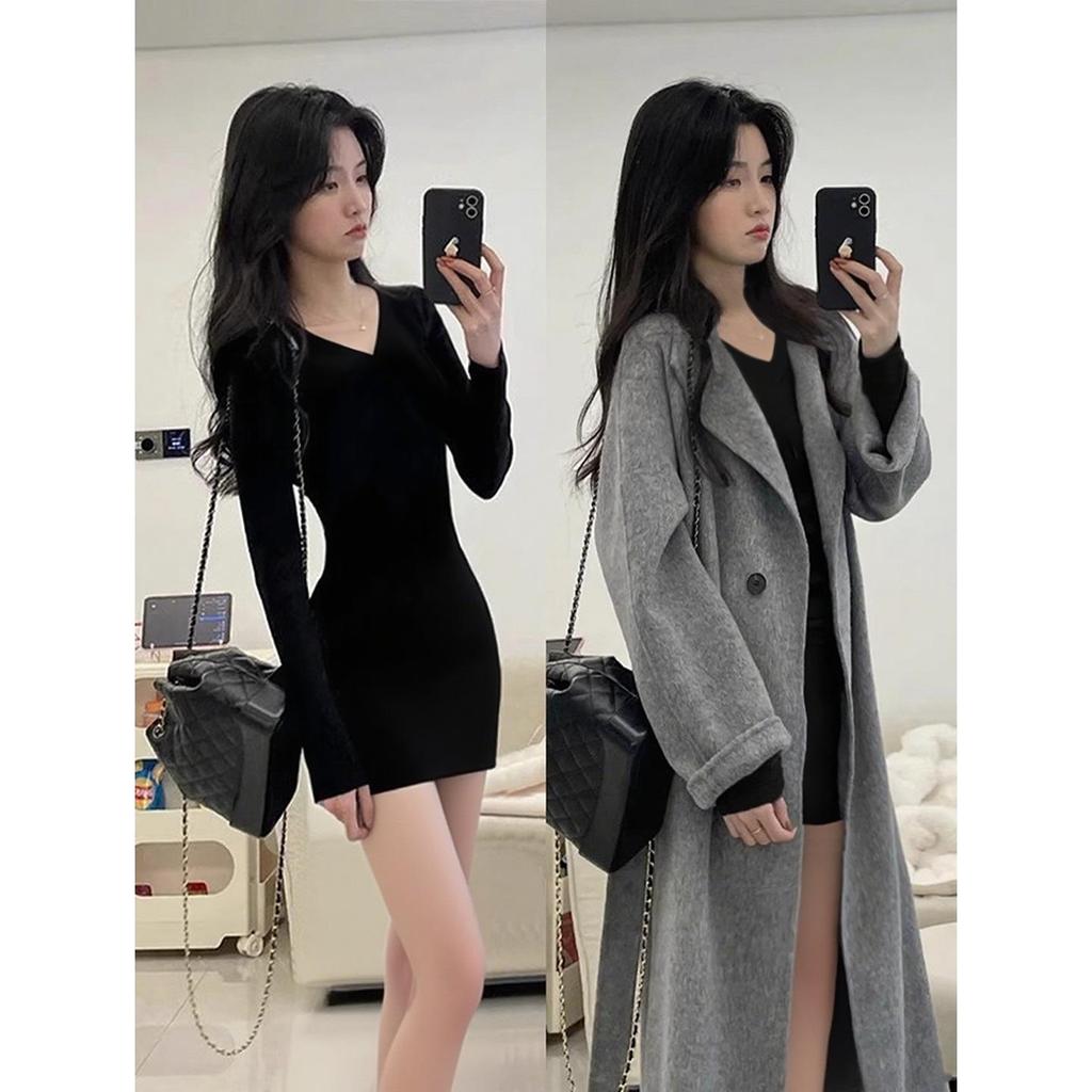 Black V-Neck Knitted Bodycon Dress – Women's Short Sexy Autumn/Winter Layered Base Dress