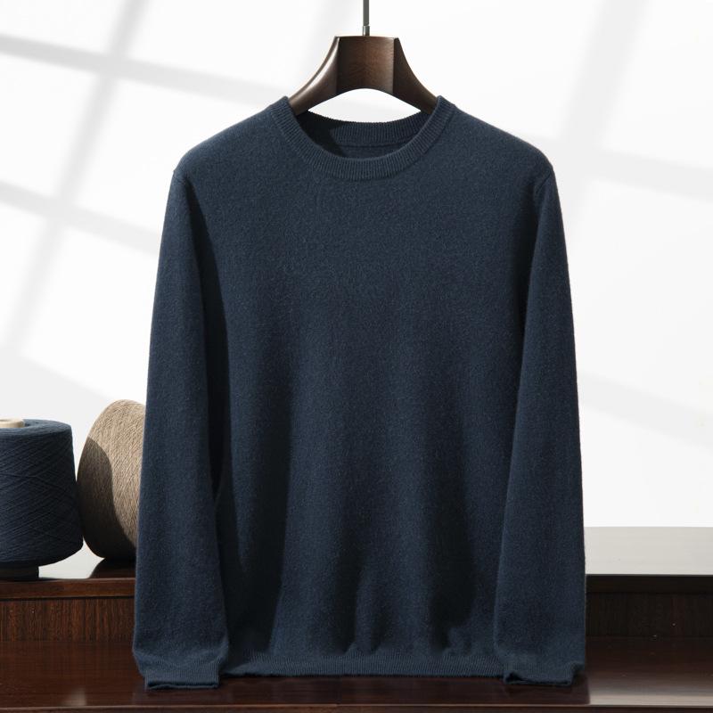 2025 new cashmere shirt men's round neck solid color pullover sweater with knitting inside