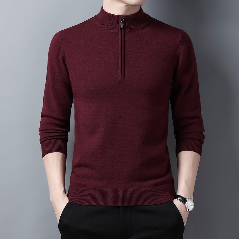 Herrenpullover mit halbem Reißverschluss, einfarbig, Strick-Unterziehpullover für Männer mittleren Alters, Slim-Fit, einfarbiger Pullover mit halbem Reißverschluss