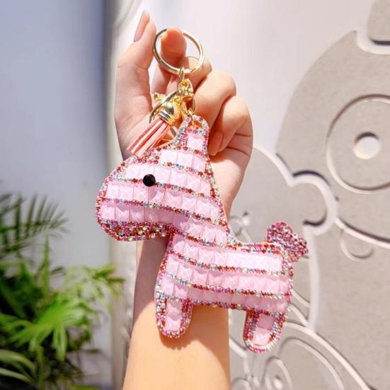 Bag Pendant Sparkling Rhinestones Plaid Pattern Keychain with Tassels Backpacks Handbags Cars Accessories