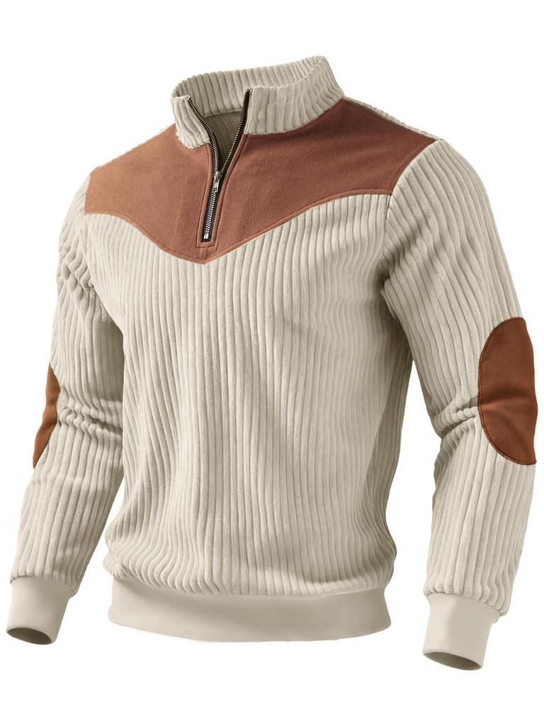 Men's Retro Stand-Up Collar Ribbed Pullover - Half-Zip, Warm Patchwork for Autumn/Winter Christmas Gift
