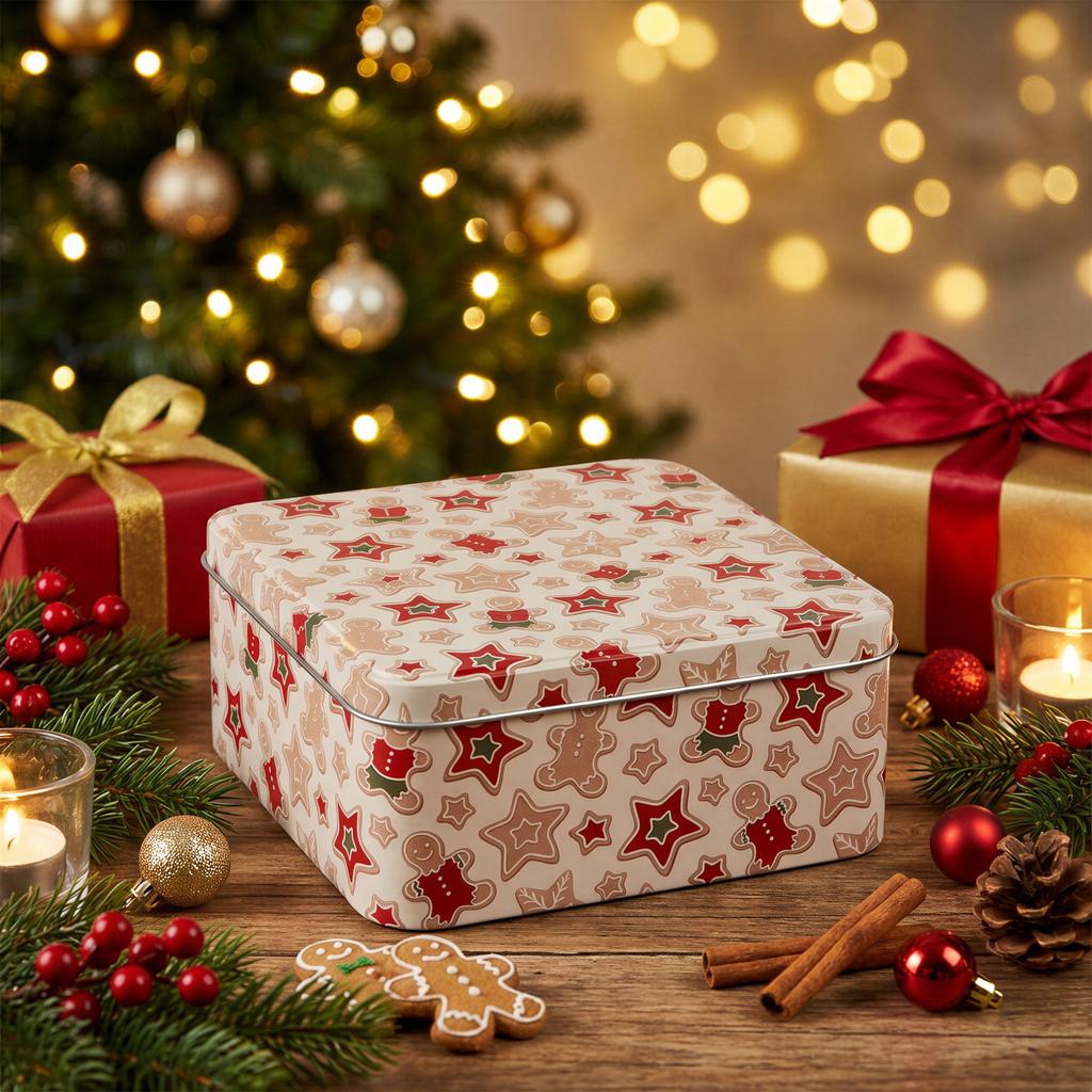 Deco Xmas Cookie Tin 15X15X7 Cm Beige Christmas Pattern