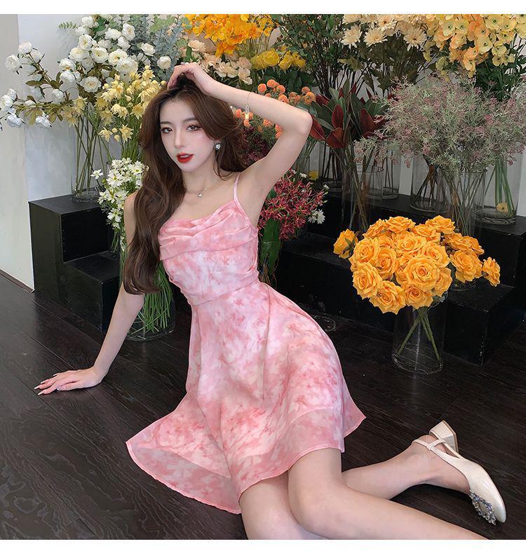 Elegant French Floral Camisole Dress Women's Summer Waist-Cinched Chiffon Skirt