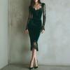 Elegant French Velvet Lace-Cinched Dress - Romantic Autumn Style