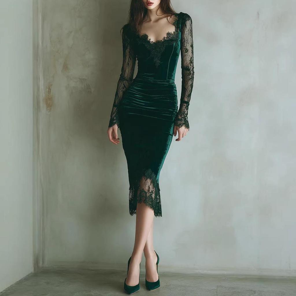 Elegant French Velvet Lace-Cinched Dress - Romantic Autumn Style