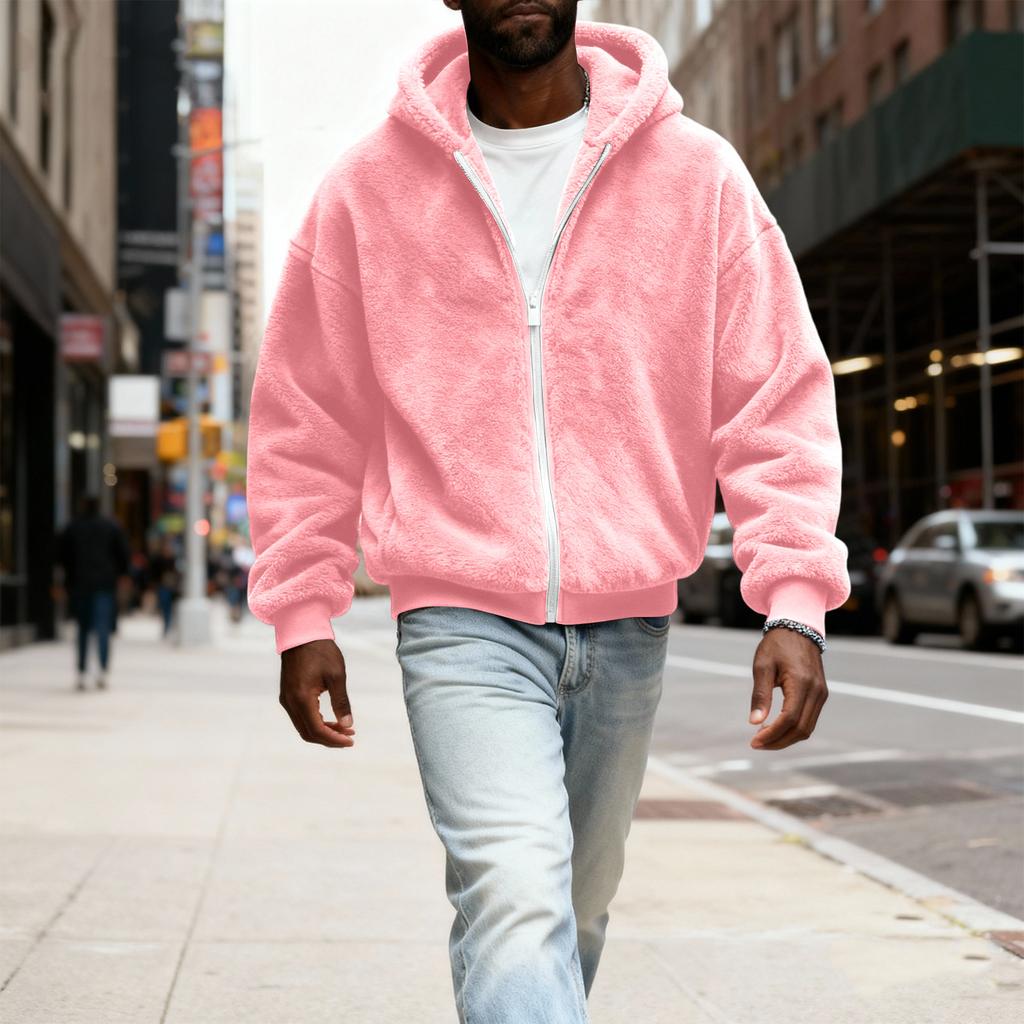 Herr Fuzzy Zip Hoodie Sweatshirt Plyschjacka med dragkedja med huva för