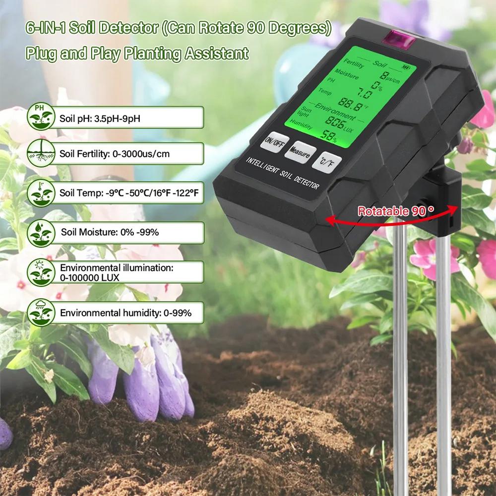 6-in-1 Intelligent Soil Tester with Dual Probe Digital Backlit Display Screen Temperature Humidity