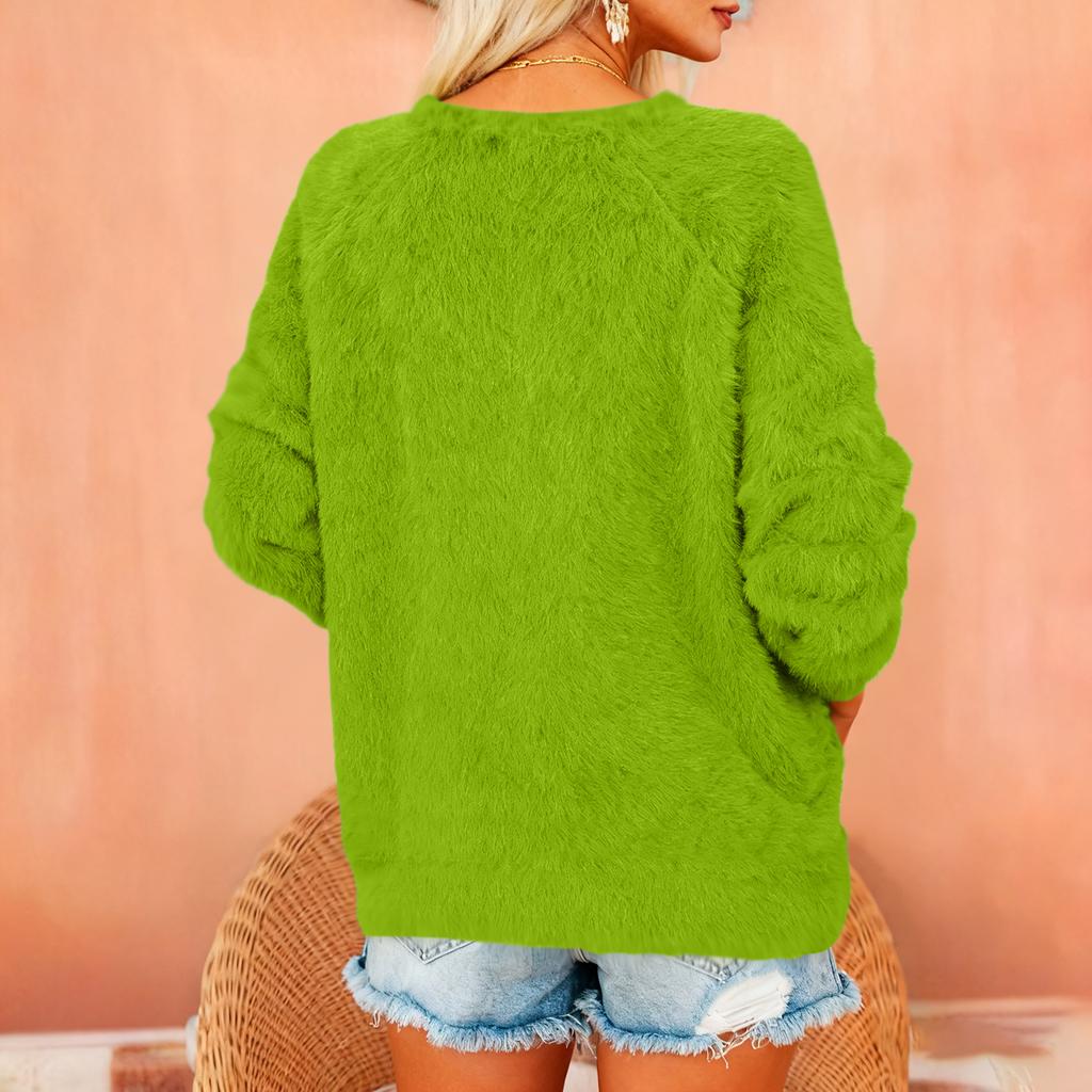 Women's Fashionable Round Neck Long Sleeved Christmas Printed Loose Plush Warm Pullover Top