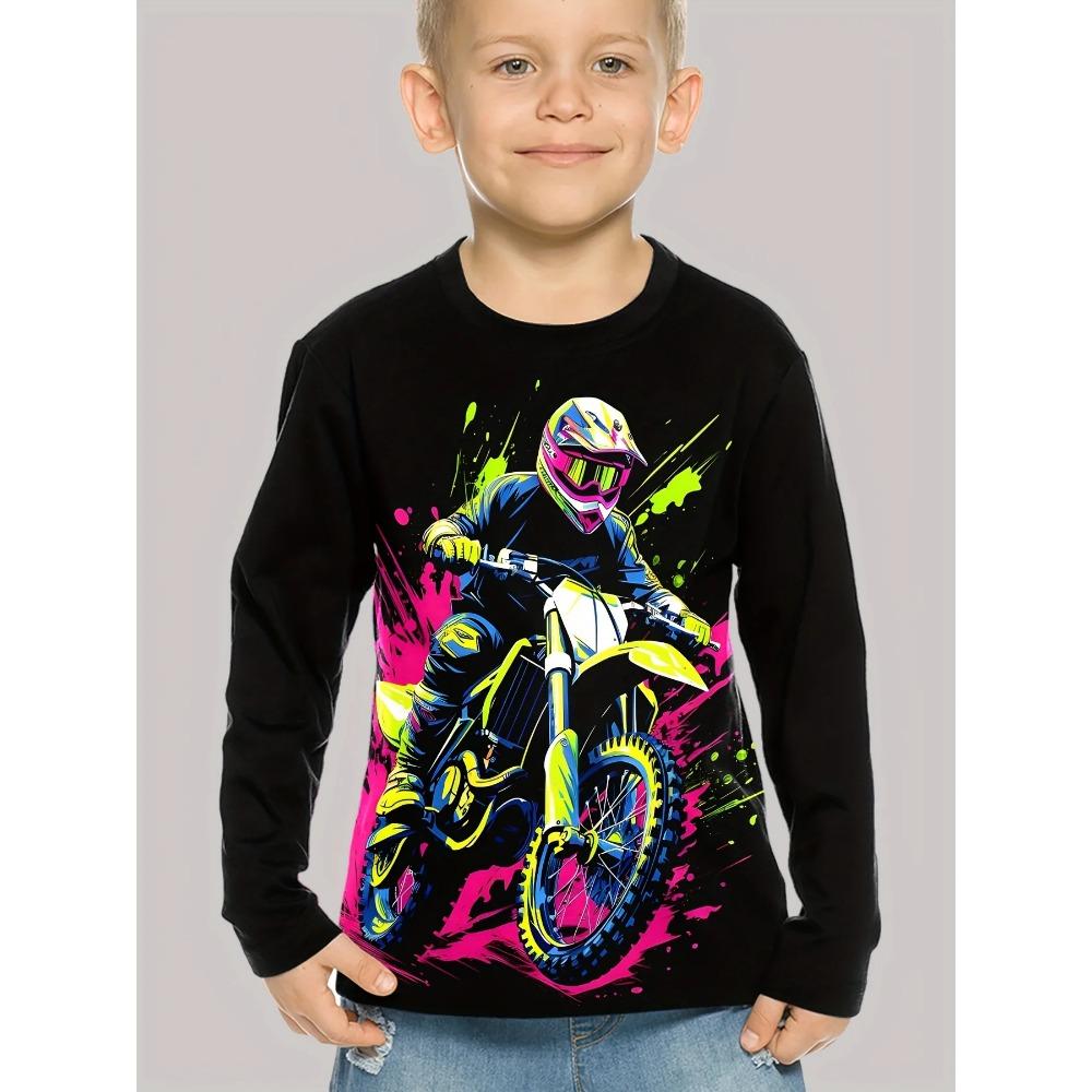 Spring and Autumn Round Neck Motorcycle Pattern 3D Printed Top Fashionable Casual Long Sleeved Children's Boy T-shirts