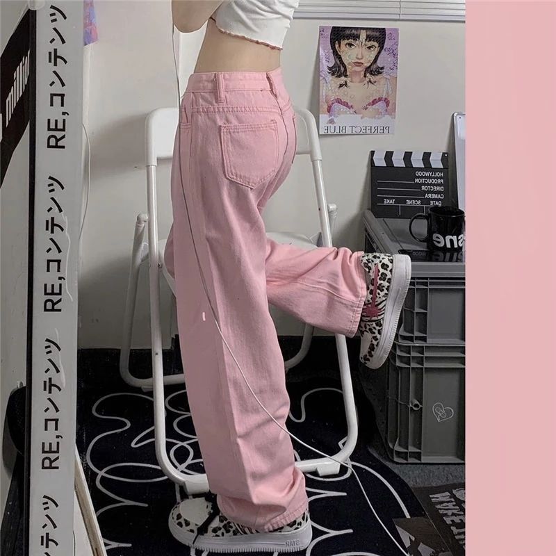 

Pink Jeans Straight Wide Leg Pants High-Waist Pink Denim Straight-leg Loose Pants Pink S