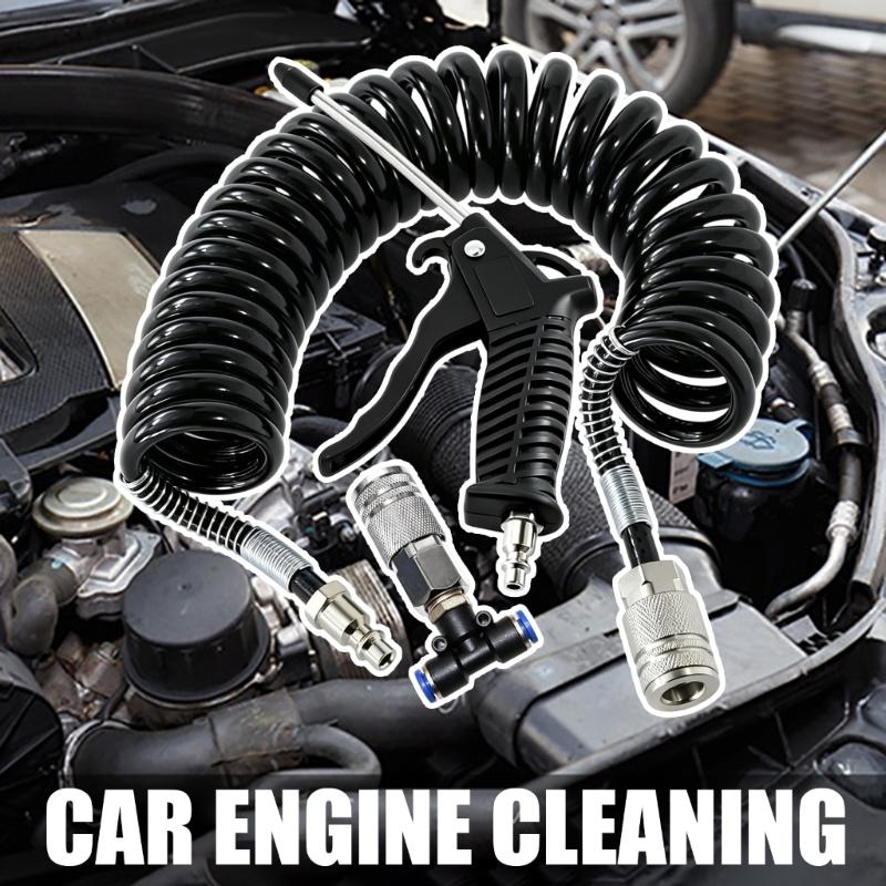 Air Cleaning Tool Set with Coiled Hose, 8 mm Air Line, Handheld Nozzle, Coupler and T Adapter for Garage Dust Removal and Vehicle Care