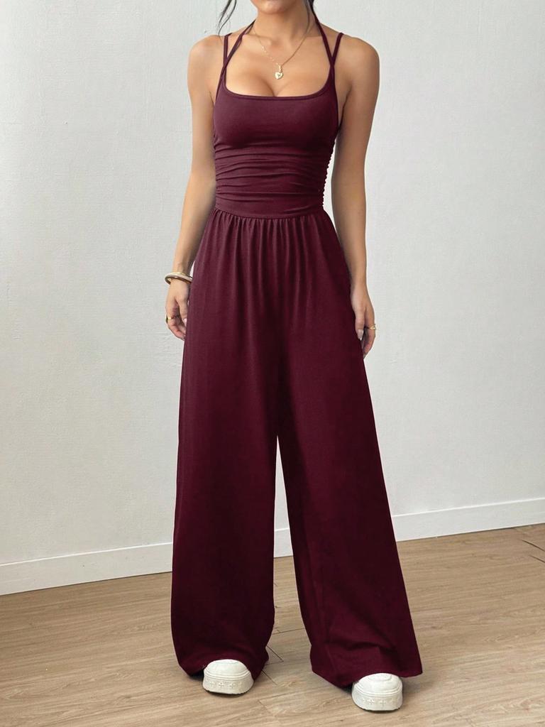 Combinaison d'été à bretelles pour femme, style wrap décontracté, body, jambe large, coupe ample