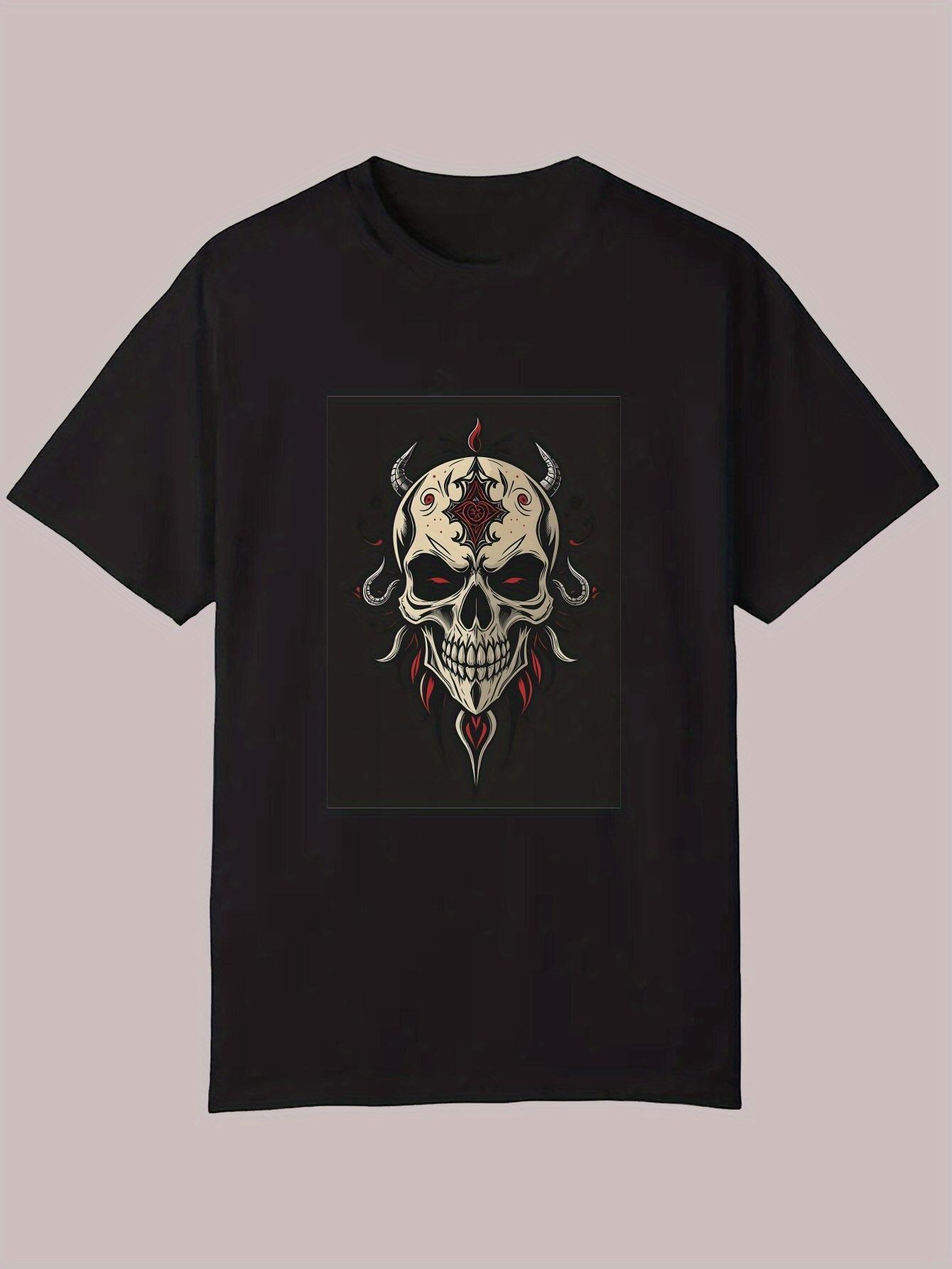 Summer Casual Graphic T-shirt - Black Edgy Skull Print with Red Accents XXL
