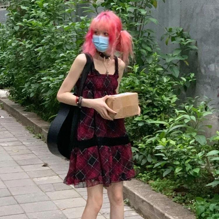 Harajuku Goth Vermelho Mini Xadrez Vestido Feminino Y2k Gothic Mall Cyber Punk Vestidos de Halloween Vintage One Piece Slip Vestidos