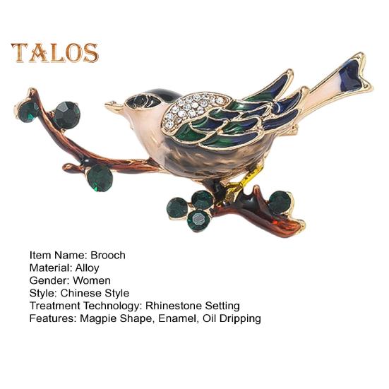 Broszka Sroka Emalia Olej Kapiący Kryształ Dekor Chiński Styl Ptak I Brunch Ubrania Spinka Polerowany Płaszcz Kołnierz Torba Szalik Kapelusz Dekoracja Ubrania