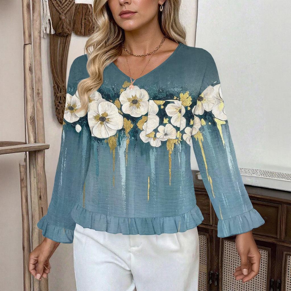 Dámský ležérní módní top s volánky, výstřihem do V, potiskem a dlouhým rukávem