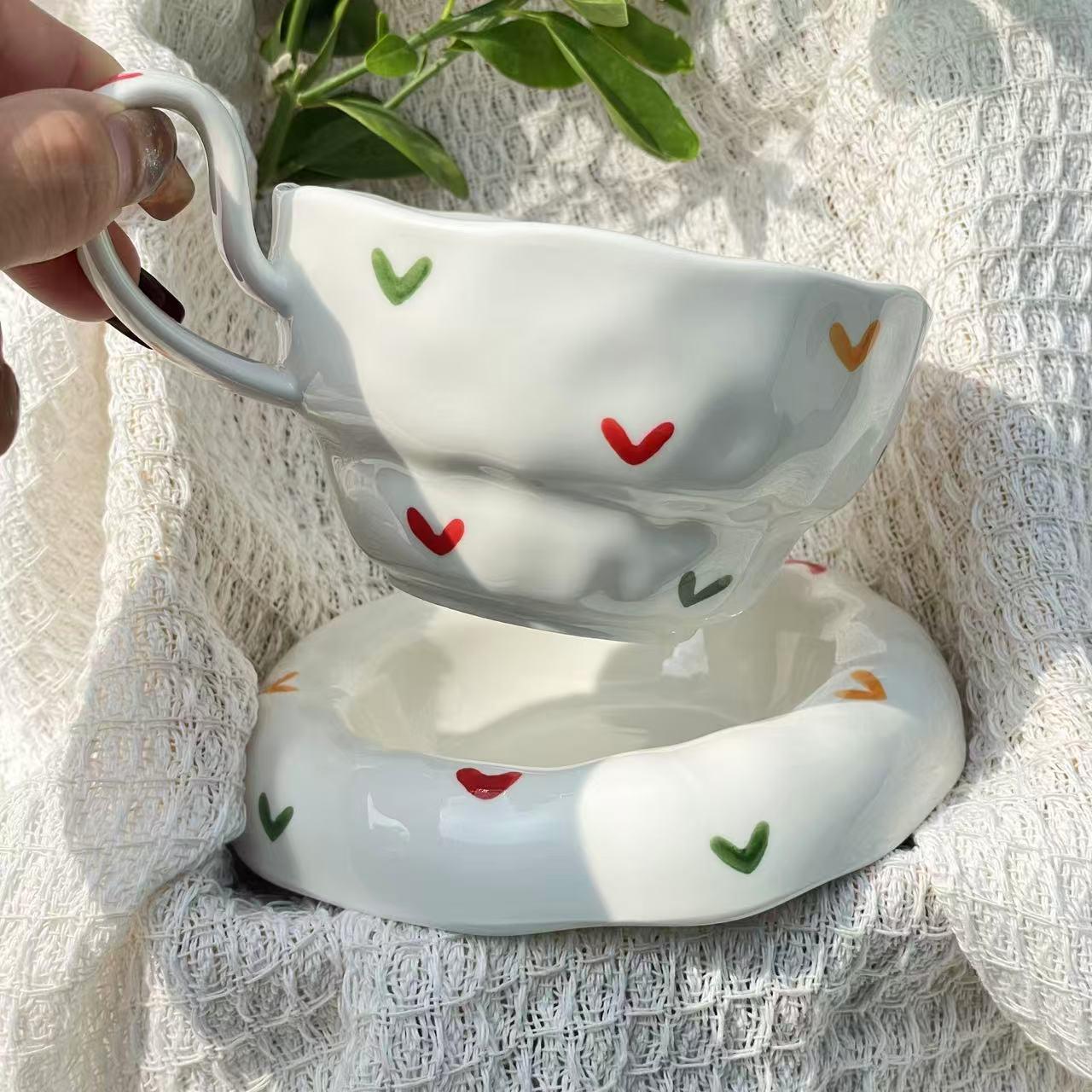 Hand-Painted Heart Ceramic Stemmed Mug with Underglaze Design 280ml