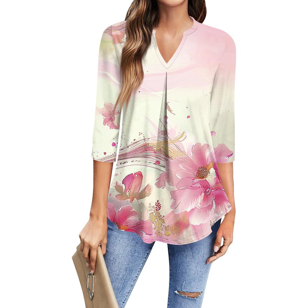 Damen Mode Lässiges Dreiviertelarm T-Shirt Bedrucktes V-Ausschnitt Top