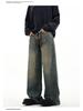Autumn American Trend: Men's Loose Retro Yellow Mud-Dyed Straight Jeans, Washed & Distressed Wide-Leg Style